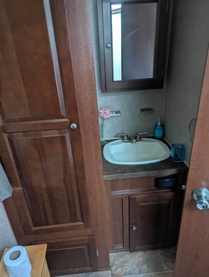 Shower, towels, soap, toilet paper - Cozy Glamping in Mentone, AL, Mini Lite RV (Mentone)