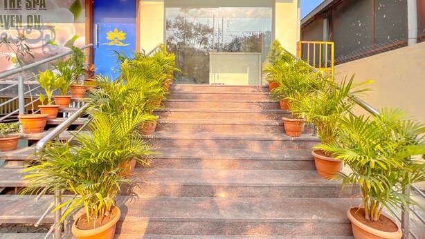 A staircase with potted plants on both sides, leading to a building entrance with a blue wall and a sign that reads "THE SPA". - The Prime Hotel HBR (Bengaluru)