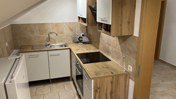 Una cocina compacta con lavabo, hornilla y armarios.