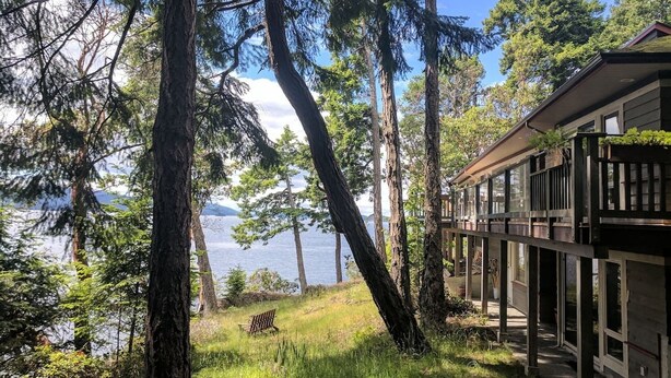 En stuga med en veranda som vetter ut mot en sjö, omgiven av höga träd.