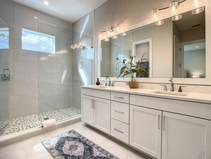 Shower, hair dryer, towels