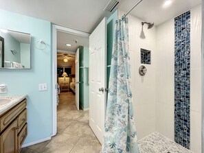Shower, hair dryer, towels - Beachfront, Pool, BBQ & Game room!  Extra Windows = More Light & More Views (New Smyrna Beach)