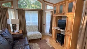 Una sala de estar acogedora con un sofá de cuero, un tapete estampado, armarios de madera, un televisor y ventanas amplias con cortinas.