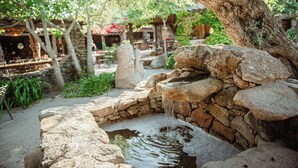 Un cadre extérieur rustique agrémenté d’une fontaine en pierre, entouré de verdure et de structures en pierre.
