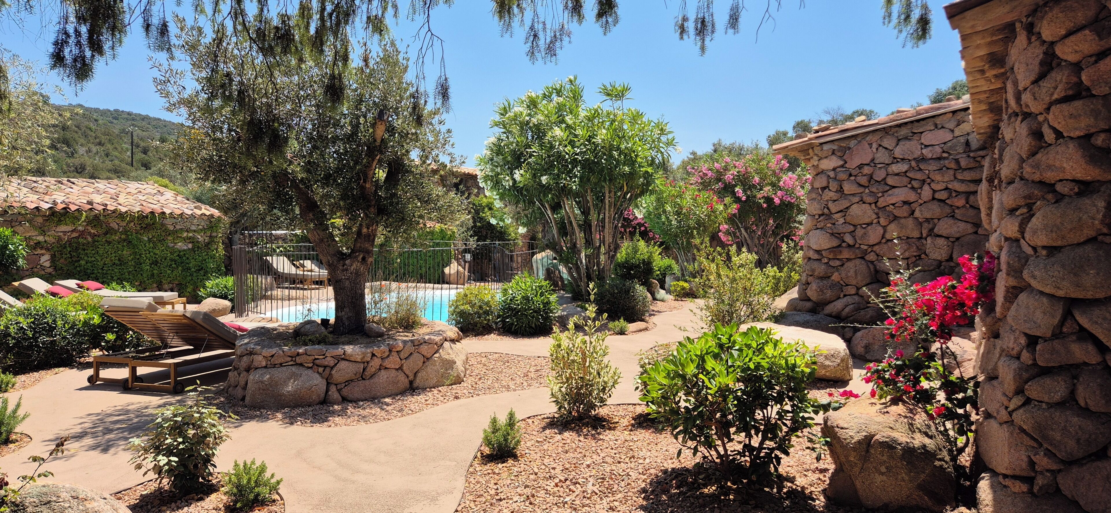 Un área de piscina con sillones de descanso, un muro de piedra y diversas plantas.