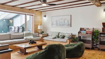 TV, fireplace, books, stereo