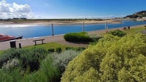 Vista al río con un muelle para barcos, zonas verdes y cielo despejado.