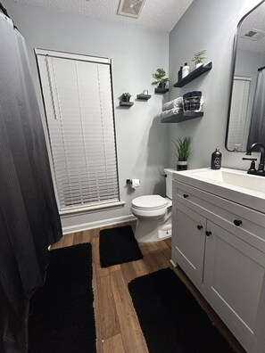 Baño con ducha, inodoro, tocador y espejo.