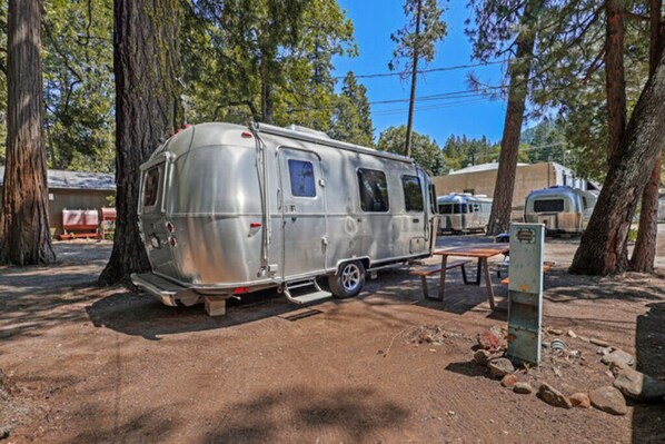 Un camping-car argenté est garé dans une zone boisée, à proximité d’une table de pique-nique.