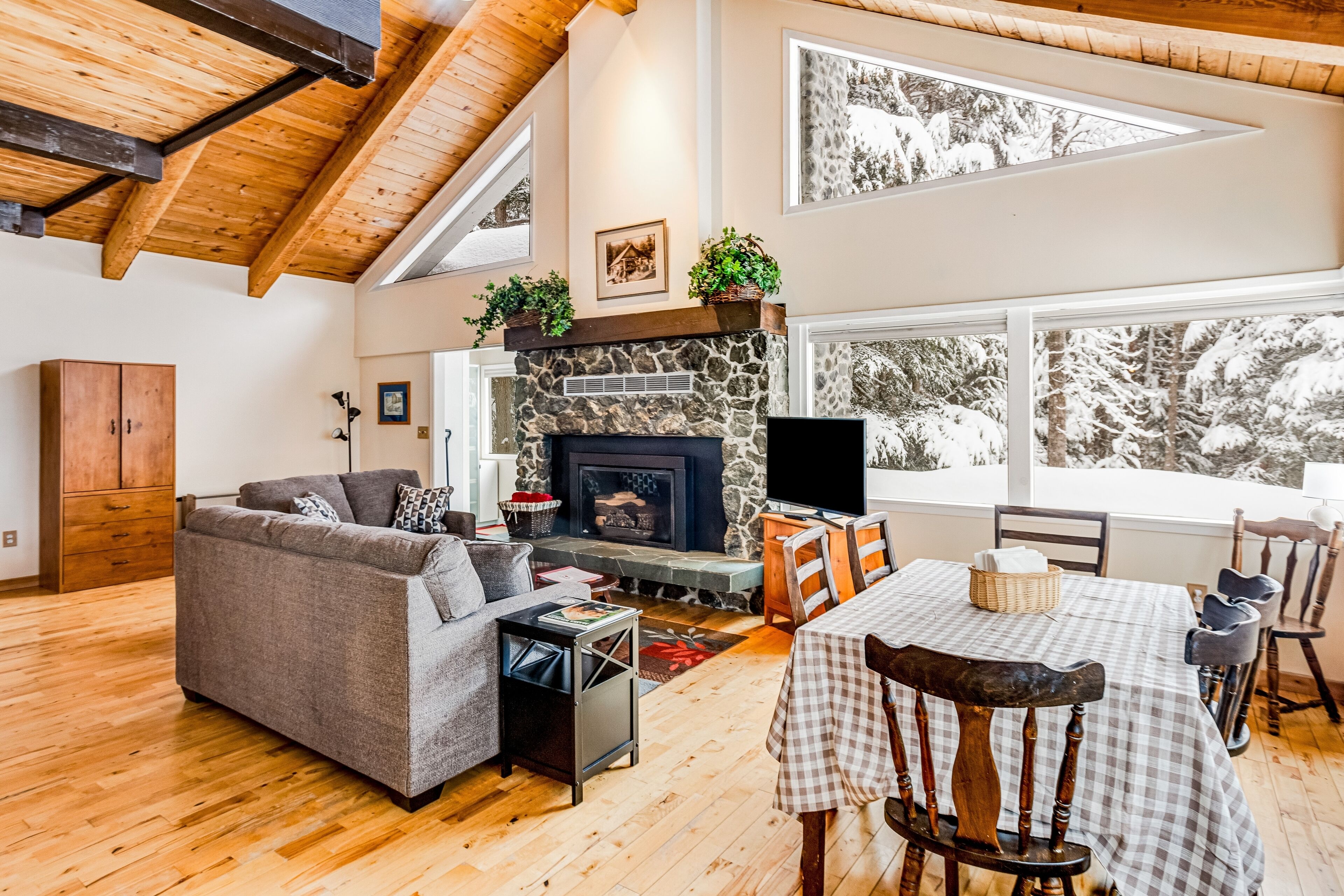 Two-story, dog-friendly retreat with deck, fireplace, W/D, & mountain view