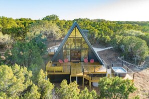 Outdoor dining - Modern Aframe Tucked in Nature with Hot Tub & View (Hays County)