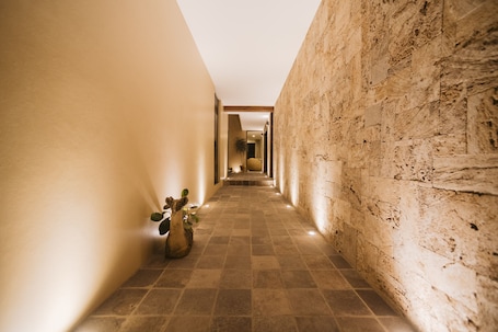A narrow hallway with a tiled floor and a plant on the left.