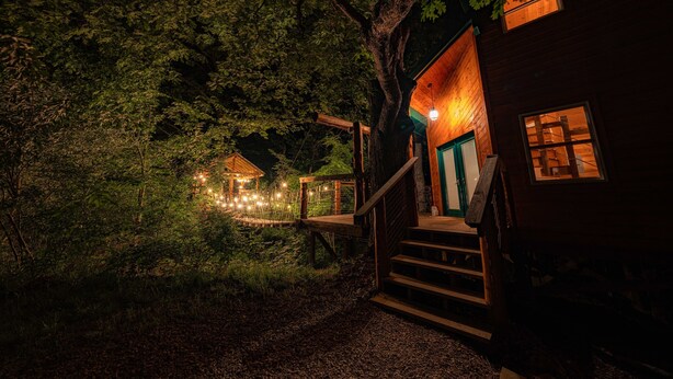 Une cabane en bois avec un escalier menant à une terrasse, entourée d’une végétation luxuriante.