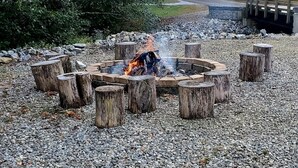 Un foyer entouré de souches d’arbres et de gravier, aménagé dans un espace naturel et boisé.