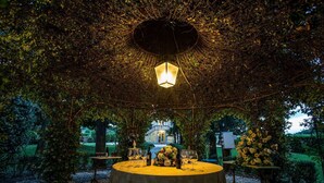 An outdoor dining area with a table set for two, surrounded by greenery and a decorative lantern. - Villa in Pisa with 7 bedrooms sleeps 14 (Pisa)