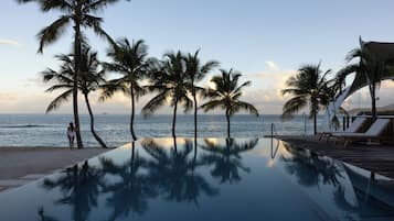 Outdoor pool, pool umbrellas, pool loungers