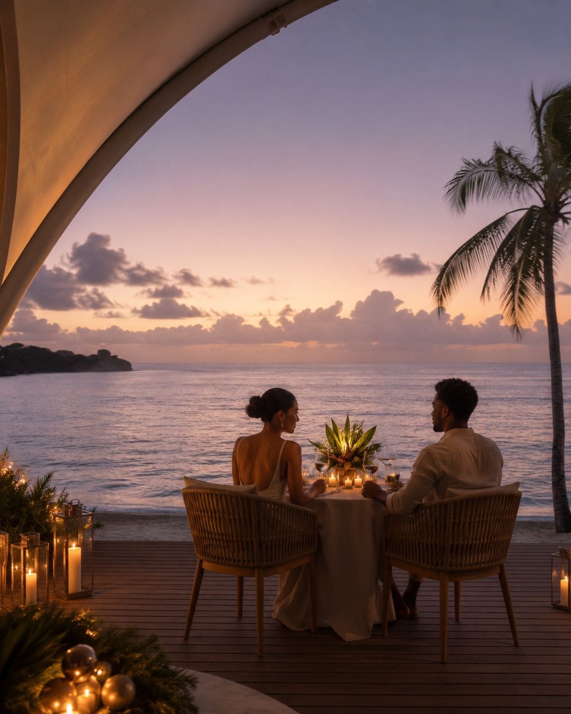 A couple dining at a table with a view of the ocean and palm trees.