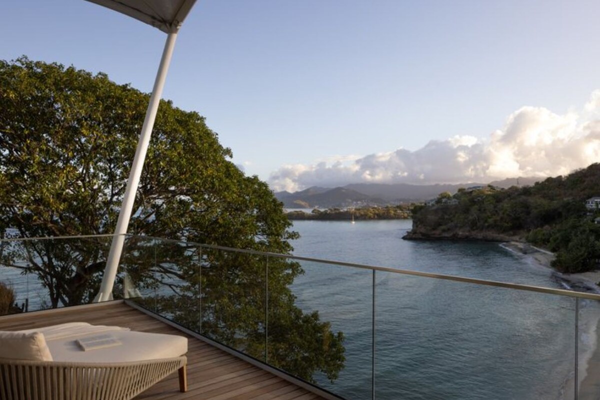 A balcony with a view of a body of water, a tree, and a distant shoreline.