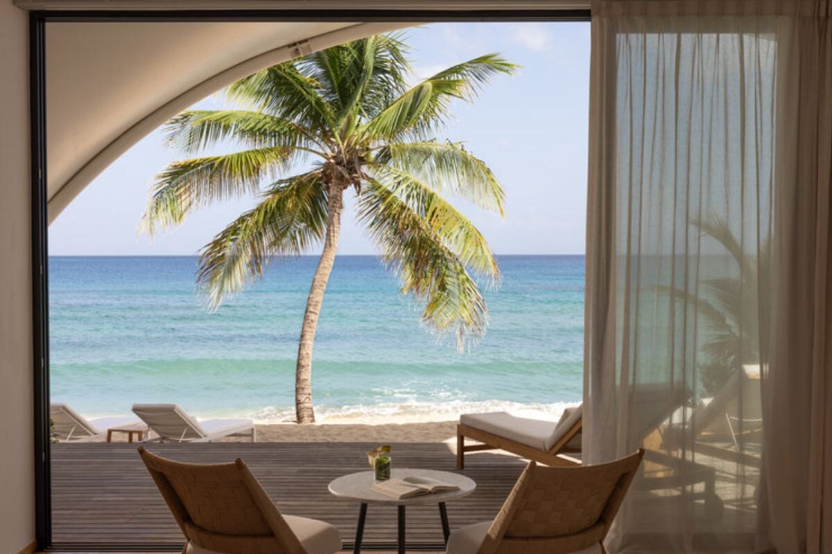 A room with a view of the ocean, a palm tree, and a beach.