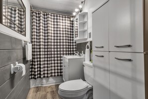 Hair dryer, towels, soap, shampoo