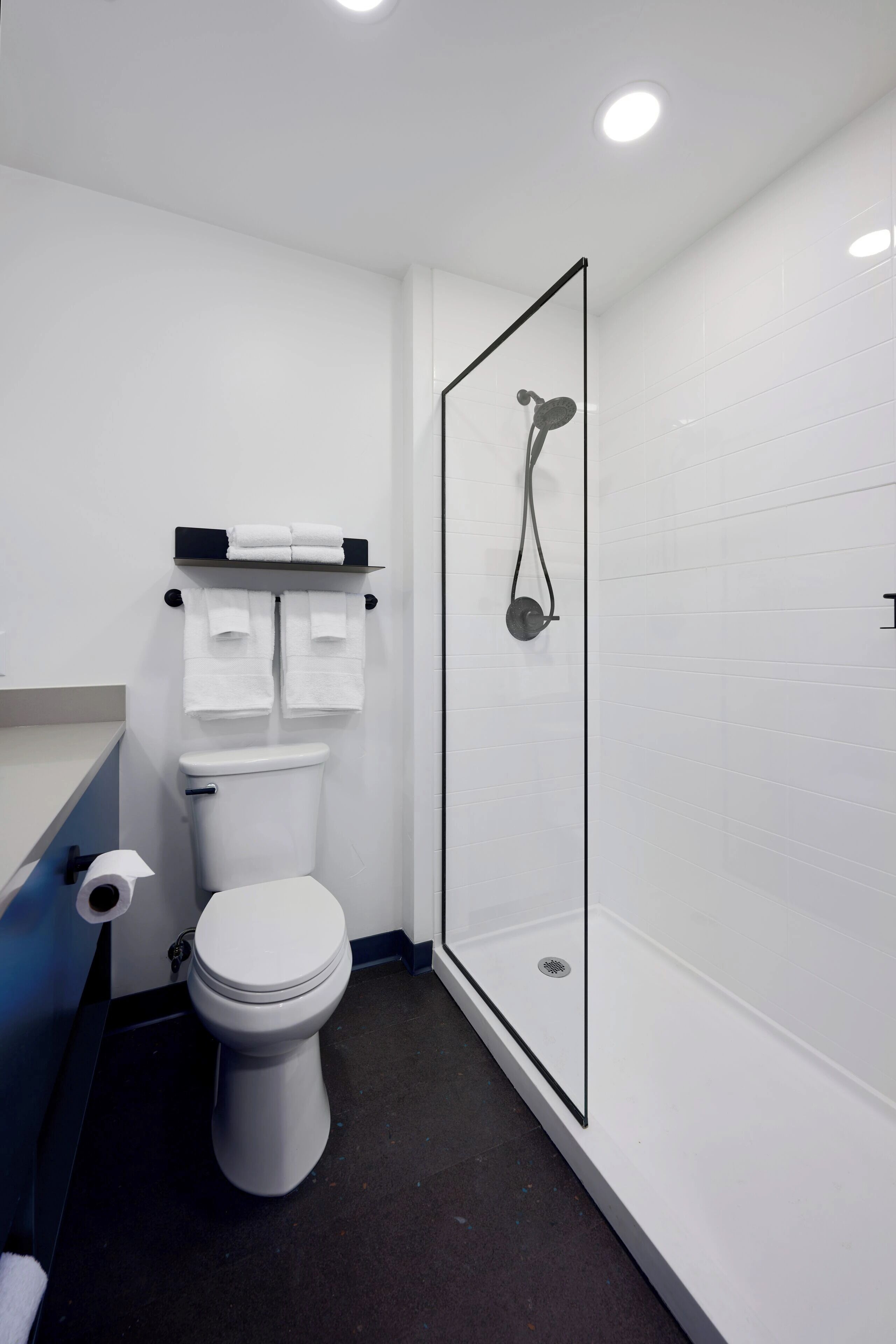 A modern bathroom with a toilet, a shower enclosure, and a towel rack.
