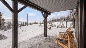 A covered outdoor seating area with wooden chairs, a metal roof, and a view of a snowy mountain landscape.