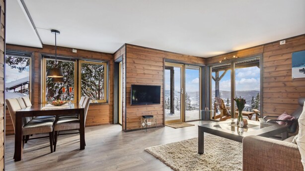 A modern living room with wooden walls, a large TV, a dining area with a table and chairs, and a view of a snowy landscape through large windows.