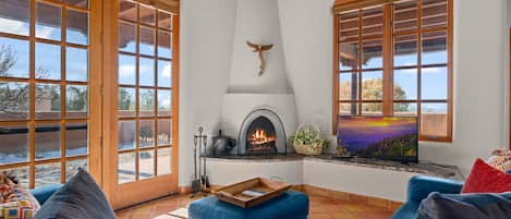 Smart TV, fireplace, DVD player, books