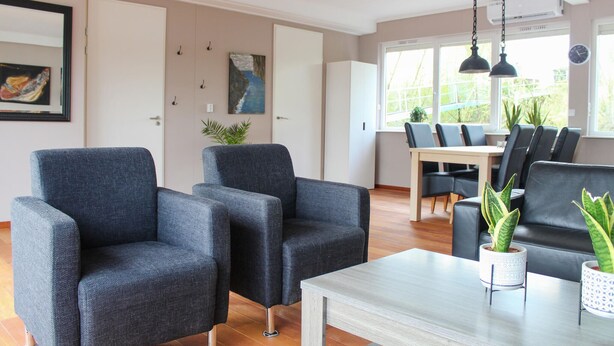 A modern living room with two grey armchairs, a wooden coffee table, and a dining area with a table and chairs. There are potted plants on the coffee table and a painting on the wall. - Awesome ship in Lith with kitchen (Lith)