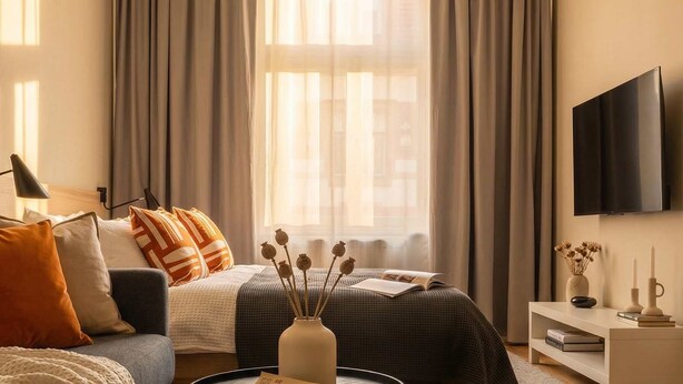 A modern bedroom with a sofa, a bed, a round coffee table, and a TV.