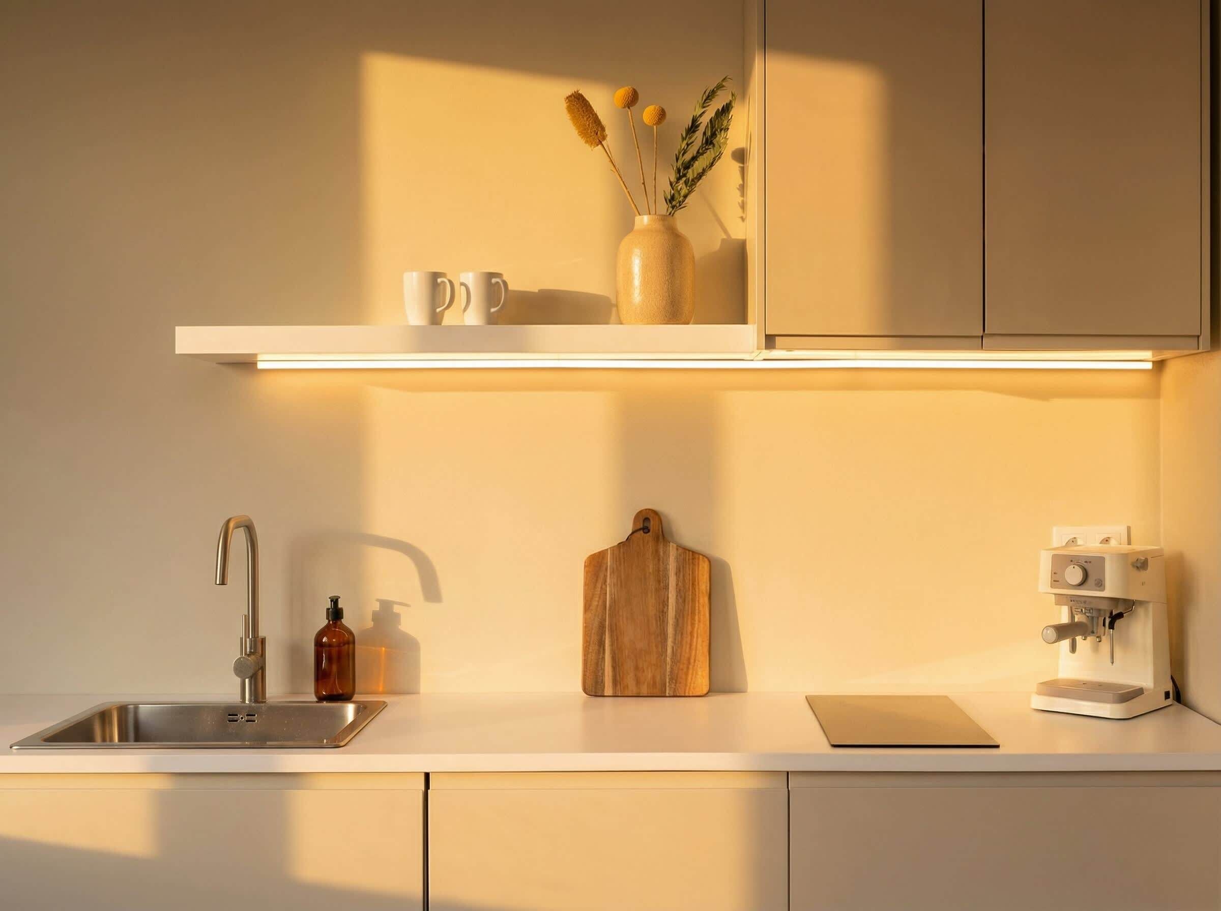 Fridge, stovetop, dishwasher, coffee/tea maker