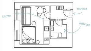 A floor plan with a kitchen, bathroom, and entrance.