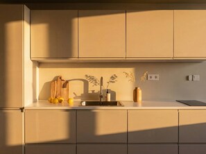 Fridge, stovetop, dishwasher, coffee/tea maker