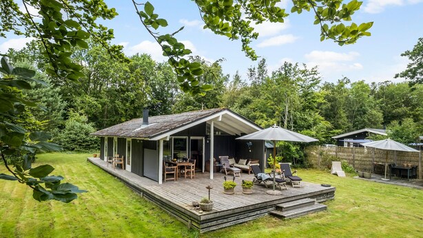 Una terraza de madera acogedora con mobiliario exterior, un espacio de patio cubierto y vistas a un exuberante jardín.