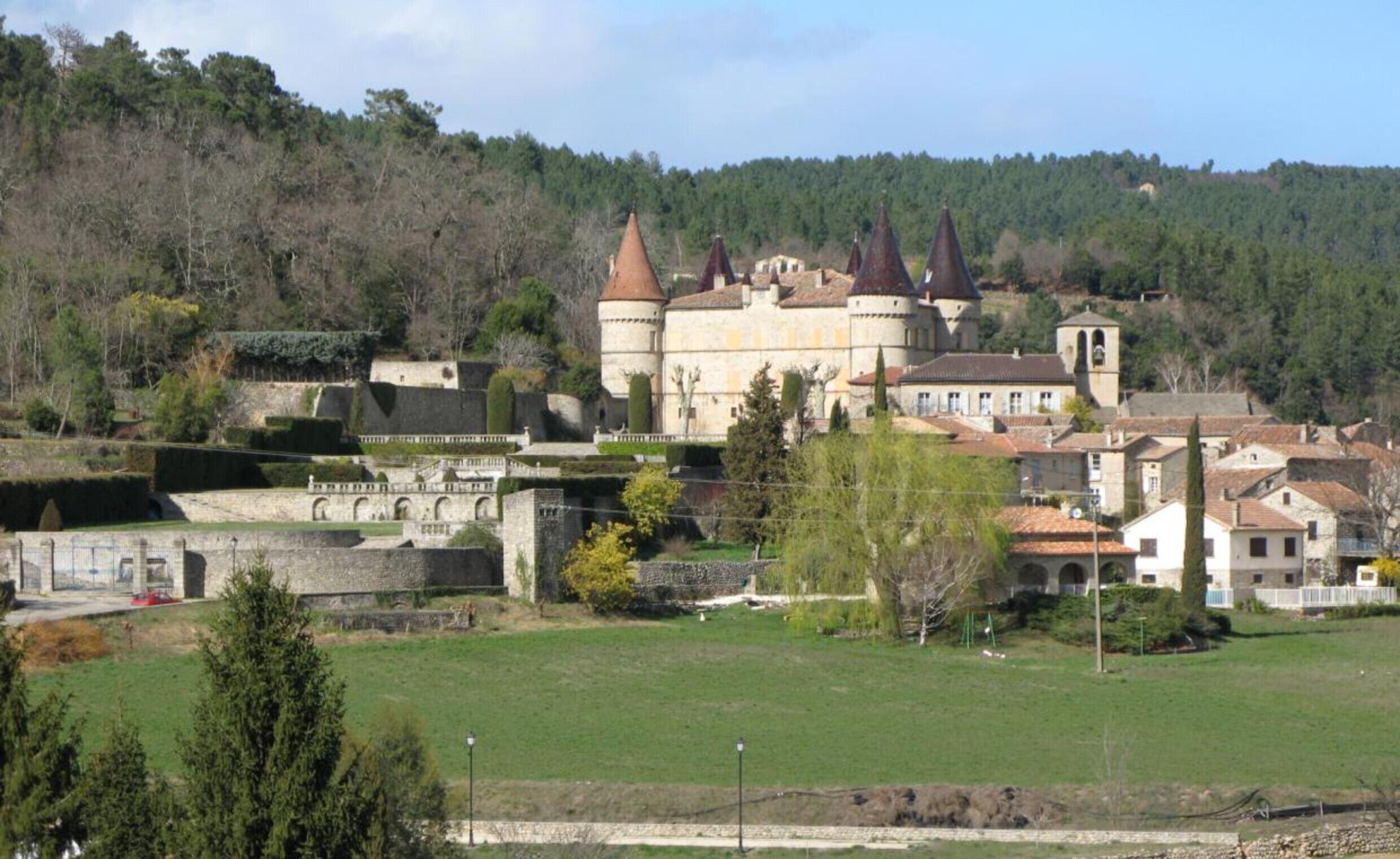 A historic building with multiple towers, surrounded by a small village and a forested hill.