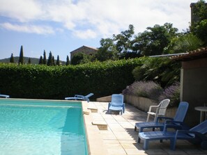 Une piscine avec des chaises longues et une haie.
