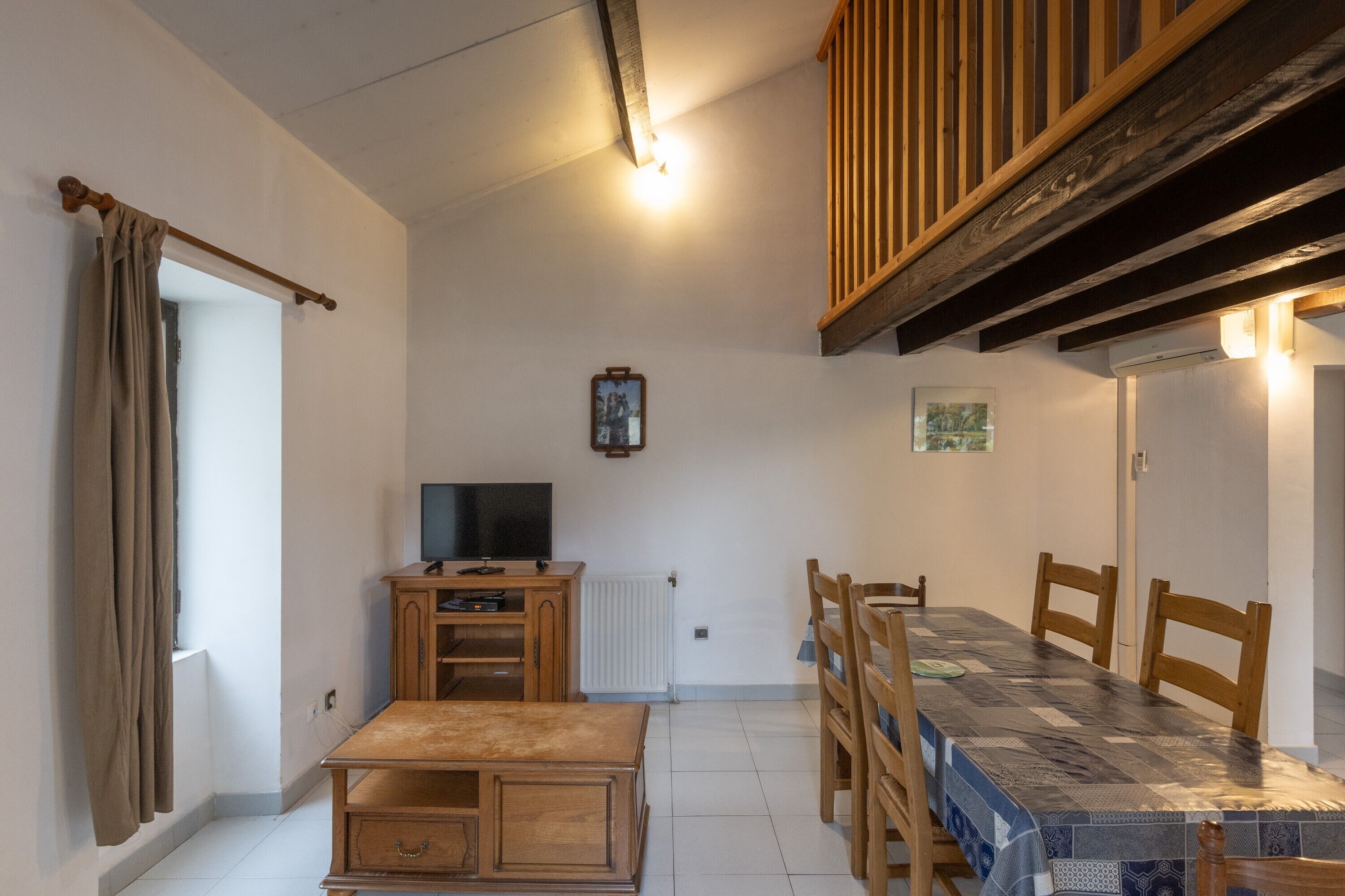 Een kamer met een eettafel, stoelen, een televisie en een radiator.