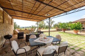 Une terrasse extérieure avec une table et des chaises, un barbecue et des plantes en pot.