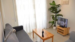 Un salon avec un canapé, une table basse sur laquelle se trouvent une bouteille et des verres, un téléviseur posé sur un meuble et une grande plante.