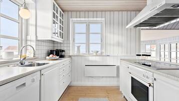 Fridge, stovetop, dishwasher, coffee/tea maker