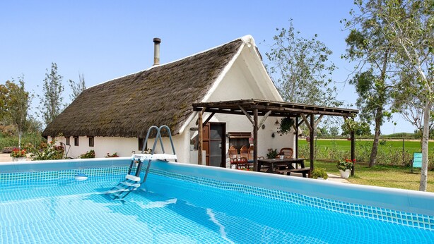 Een zwembad met een trap, een gebouw met rieten dak en een houten pergola.