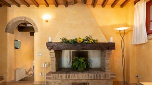 Una habitación con chimenea de ladrillo, techo de madera, una planta pequeña y una lámpara de pie.