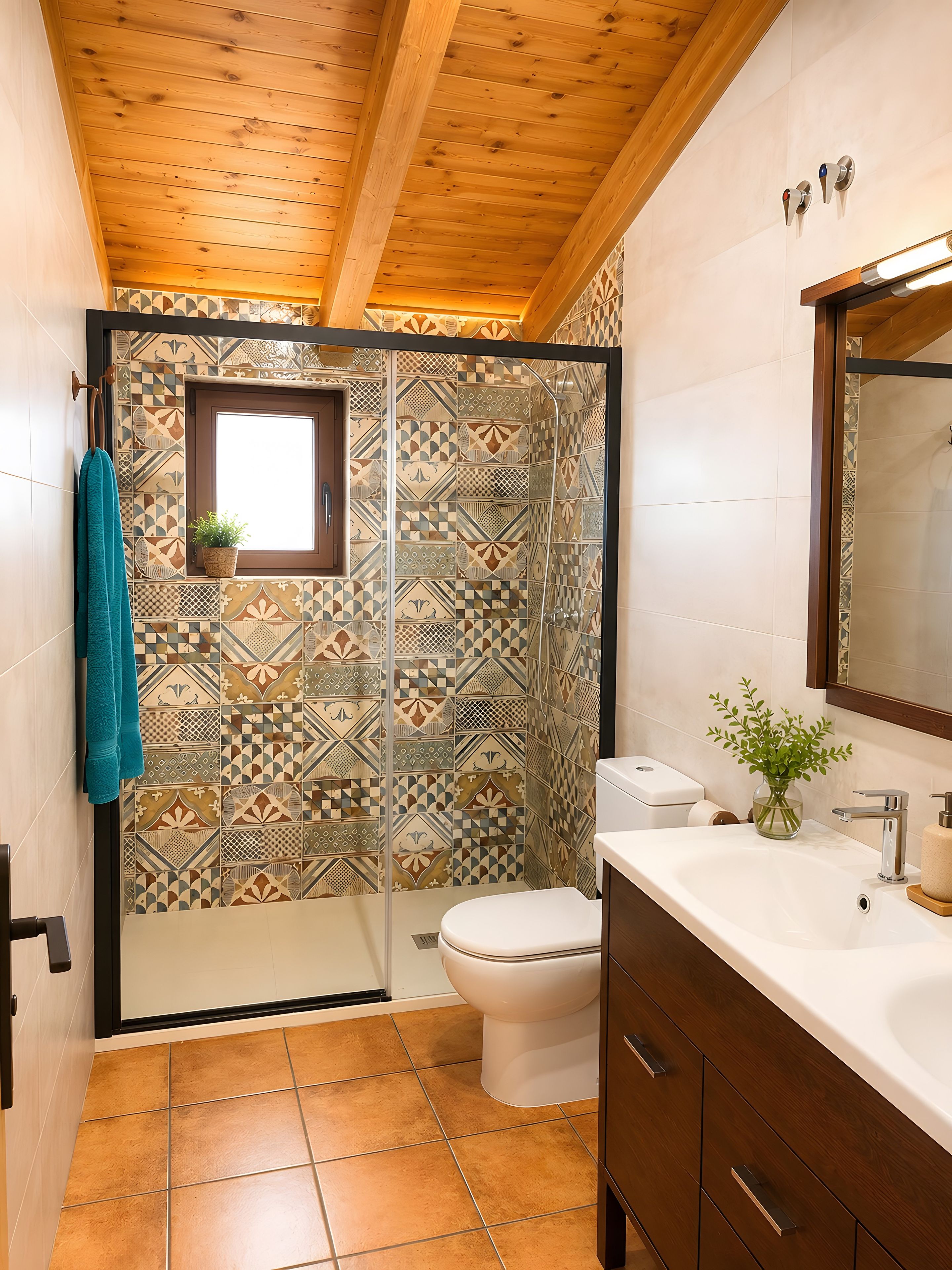 Un baño con ducha, inodoro y lavamanos.