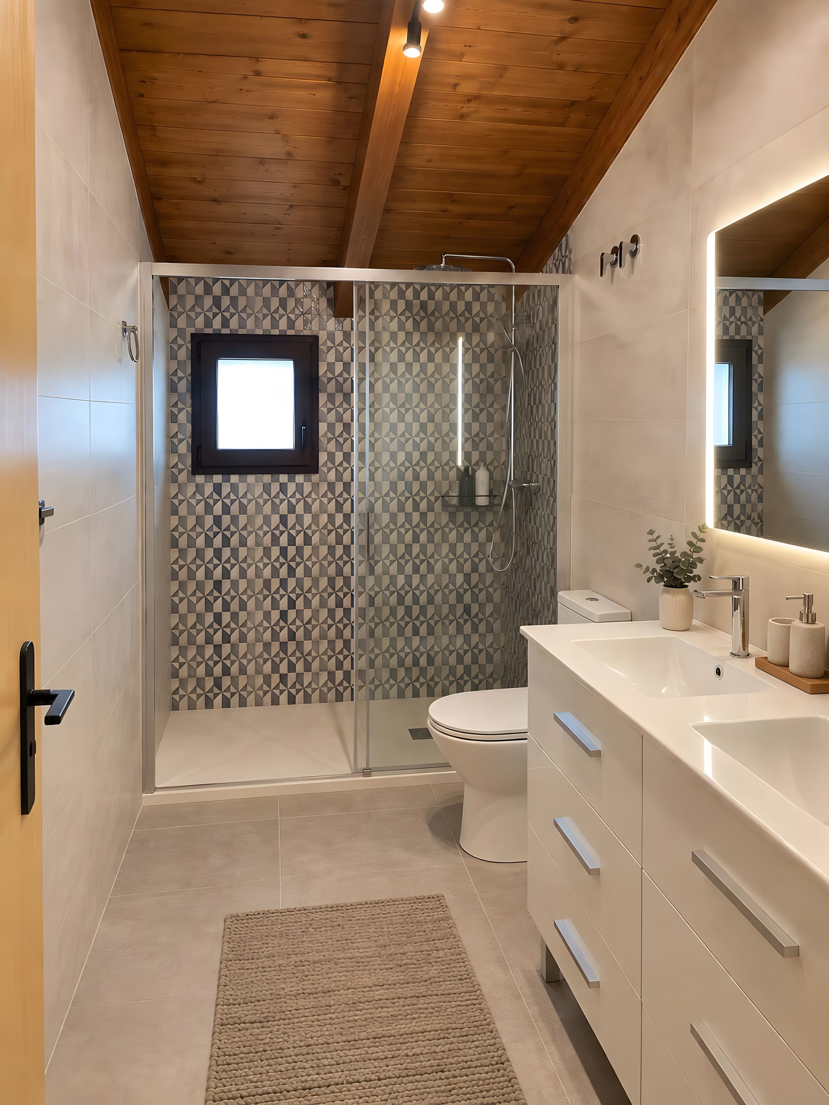 Un baño moderno con ducha, inodoro y tocador.