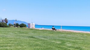A grassy area with a person sitting on a bench, a clear blue sky, and a distant view of the sea.