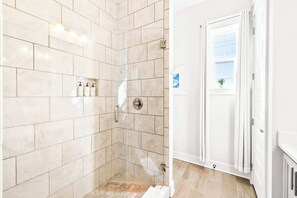 Shower, hair dryer, shampoo