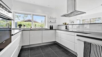 Fridge, stovetop, dishwasher, coffee/tea maker