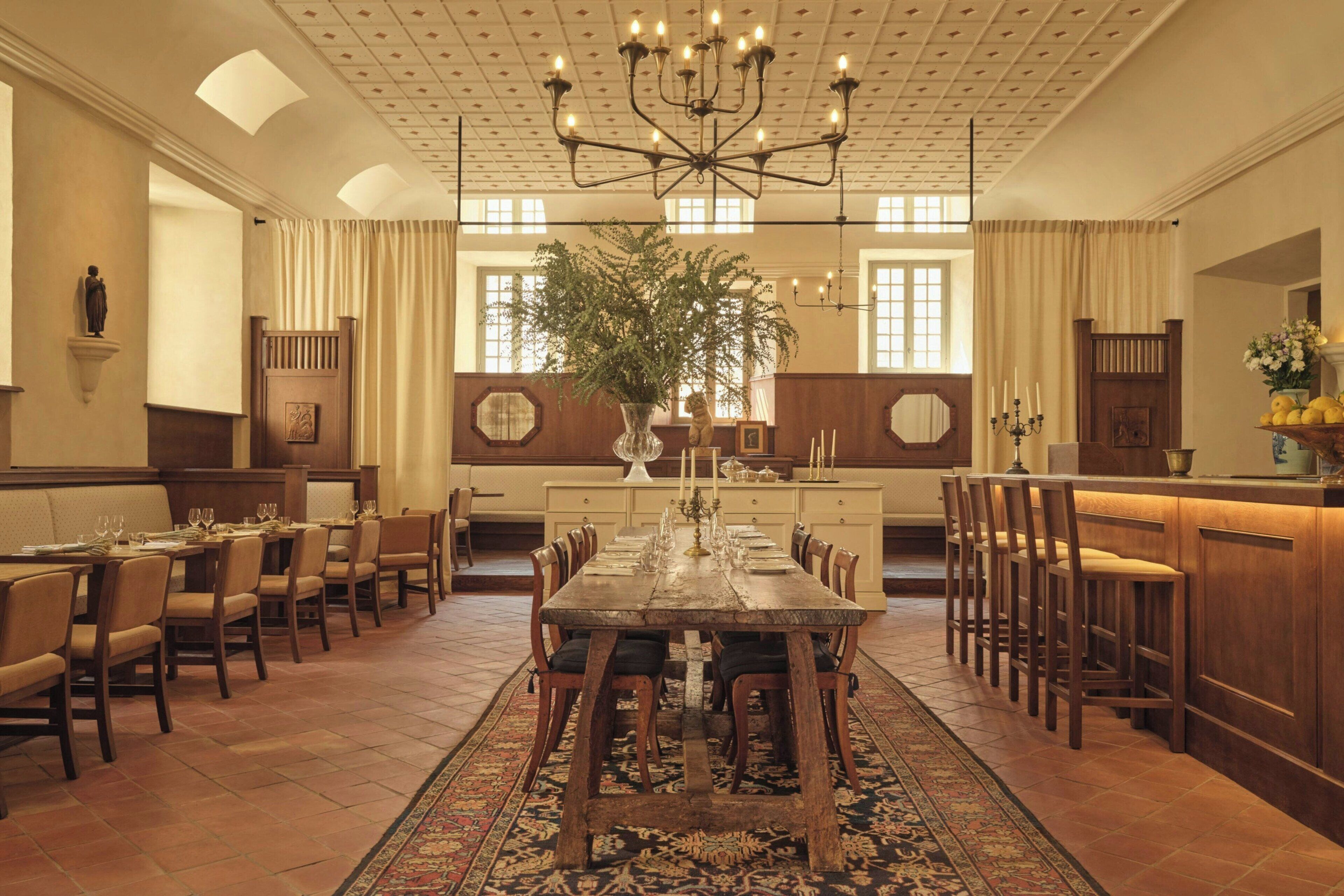 A dining area with a long wooden table, multiple chairs, a chandelier, and a large plant in the center.