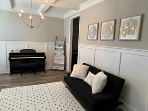 Smart TV, fireplace, books, music library