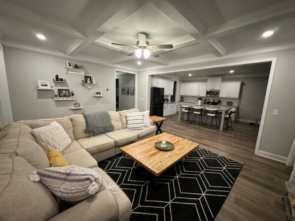 Smart TV, chimenea, libros y biblioteca musical